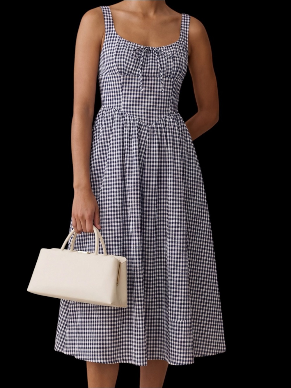 Few Moda o.p.t. Chiara Linen Dress Gingham Tie-Front Midi Dress Navy White